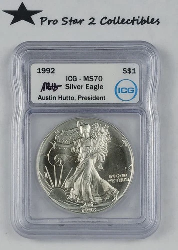1992 ICG Silver Eagle MS70 Signed by the President of ICG Aust1n Hutto