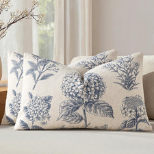 Set of 2 Lumbar Floral Pillow Covers 12x20 Inch Light Blue  Decorative Neutral