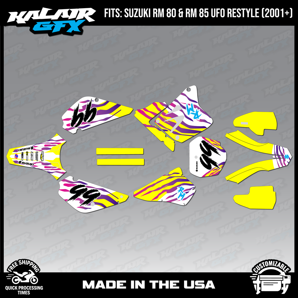 KALAIR GFX UFO Restyle Evader Graphics Kit For Suzuki RM85 (2001–2023) – Blue, Customizable