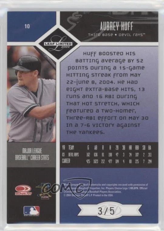 2004 Leaf Limited Monikers Silver Signatures /5 Aubrey Huff #10 Auto - Image 2 of 2