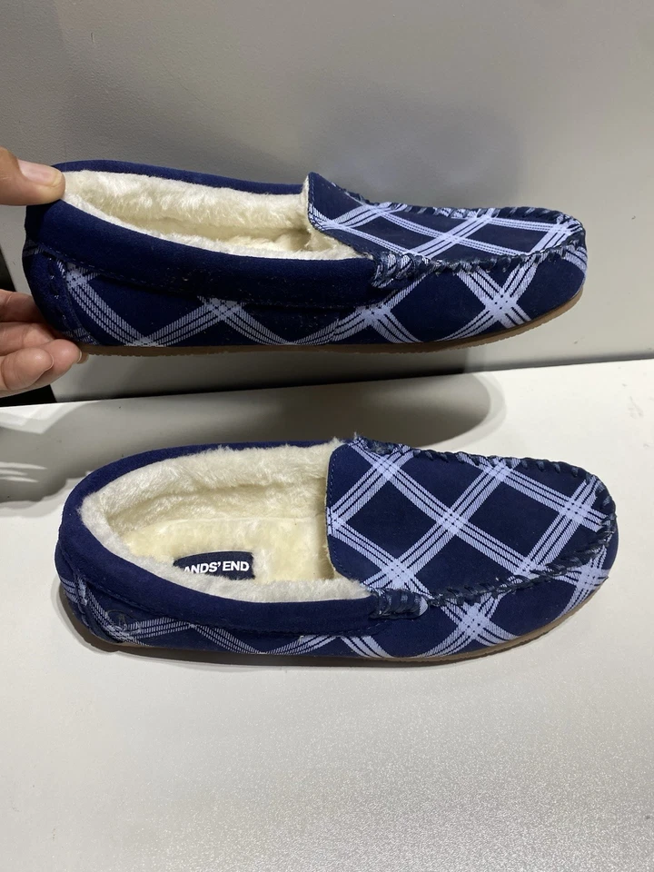 Zapatilla mocasín a cuadros azul marino LANDS' END para mujer talla 7B forrada de piel sintética nueva Foto 3 de 4