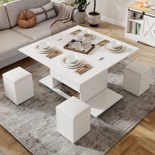 Lift Up Top Coffee Table w/ Storage Dining Table and Stools Set for Living Room