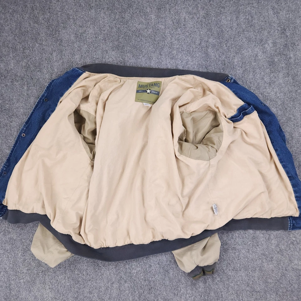 Mustang Jacket Mens XL Blue Denim Beige Canvas Bomber Snap Button Varsity Retro - Image 3 of 4