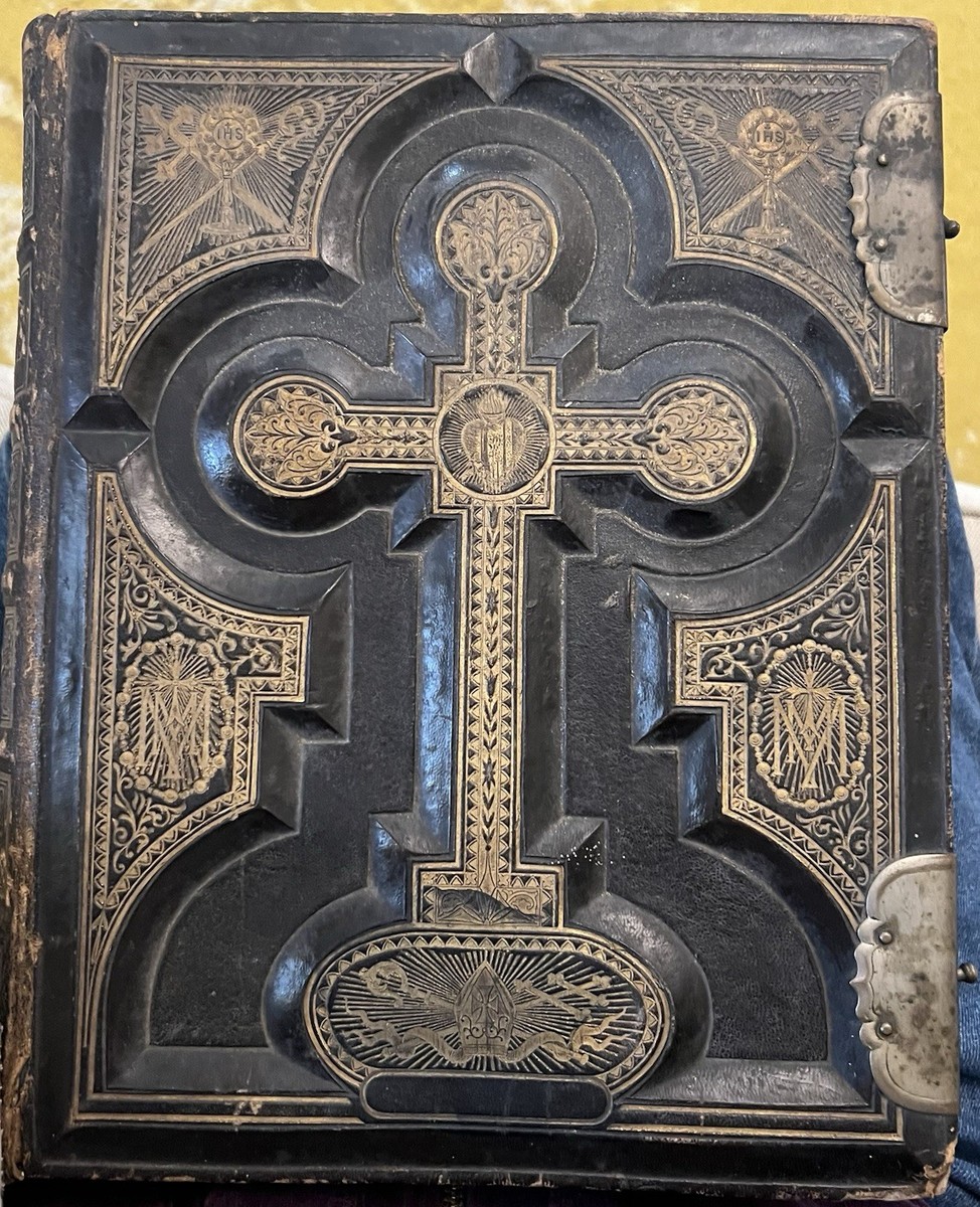 1800s Antique Holy Catholic Bible Leather Douay Rheims John E