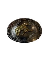 Vintage Western Cowboy Rodeo Belt Buckle Horse Rider Engraved Silver Gold Tone