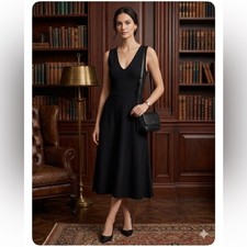 Theory Black Linear Rib Knit V-Neck Midi Dress Size L Glossed Fit & Flare