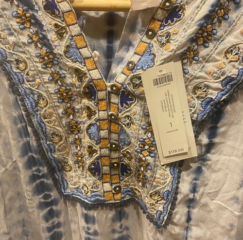 NEW Chico's Boho Top Women's Sz. 1 Blue White V-Neck Linen Tunic - Picture 7 of 9