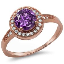Halo Style Amethyst White Cz Engagement .925 Sterling Silver Ring