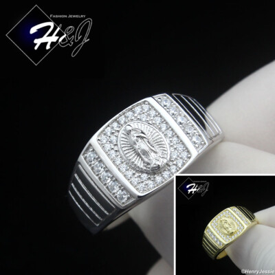 MEN 925 STERLING SILVER ICY CZ GOLD PLATED/SILVER VIRGIN MARY SQUARE RING*SR219