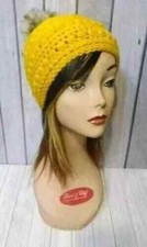 handmade crochet womans beanie hat fur pom pom fall yellow orange new USA made