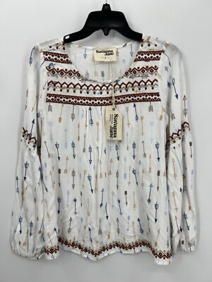 Savanna Jane Top Womens Small White Arrow Print Embroidered Boho Southwestern
