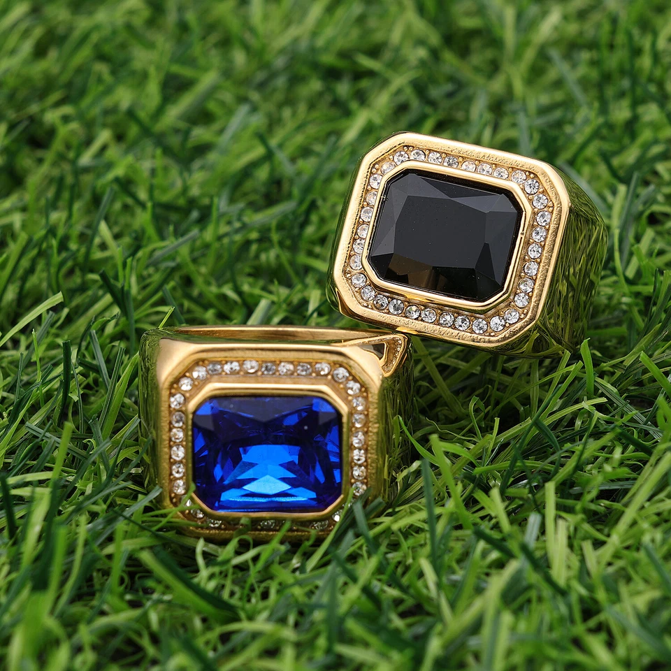 Anillo de piedra de zafiro ónix simulado circonita cúbica Rock para hombre de acero inoxidable talla 7-13 regalo Foto 2 de 4