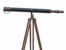 Antique nautical floor standing brass 39 inch telescope with wooden tripod stand