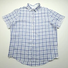 Blue Saks Fifth Avenue Men Shirt XXL White Blue Graph Check Linen Slim Fit Light