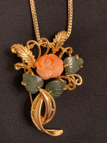 Prächtige Vintage Brosche mit Koralle und Jade im Swoboda Stil vergoldet - Bild 10 von 10