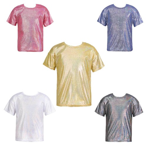 Kids Girls Boys Shiny Metallic T-shirt Sequined Jazz Dance Top Dancewear Costume - Picture 3 of 67