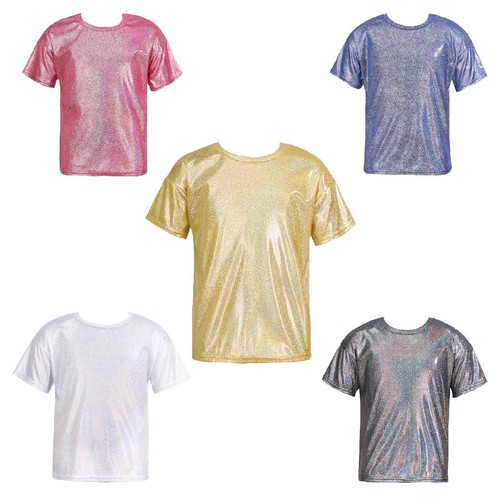 Child Shiny Metallic T-Shirt Jazz Top Short Sleeve Gymnastics Dancing Dancewear - 第 1/79 張圖片