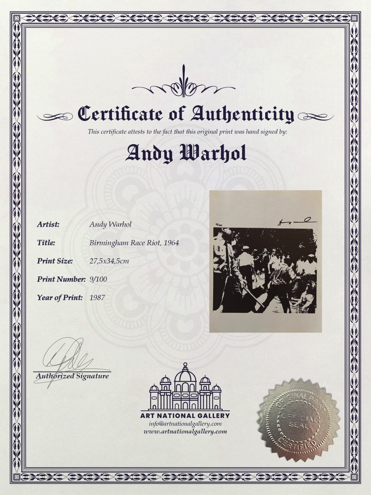 Andy Warhol, Original  Hand-signed Print + COA & Appraisal of $3,500.*