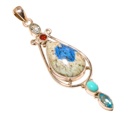 Rare K2 Azurite & Blue Topaz Solid 925 Sterling Silver Pendant 3.15'' (SP-890)