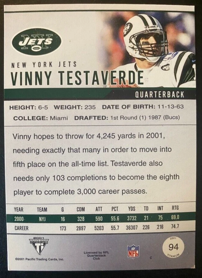 Vinny Testaverde 2001 Private Stock Titanium #94 New York Jets - Image 2 of 2