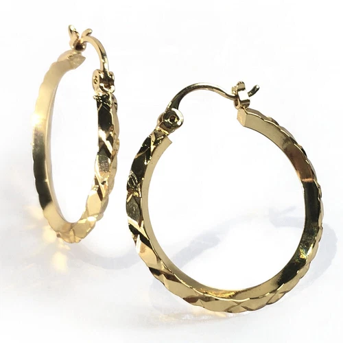 9ct Yellow Gold Diamond Cut Creole Hoop Earrings - 25mm Diameter - Picture 4 of 9