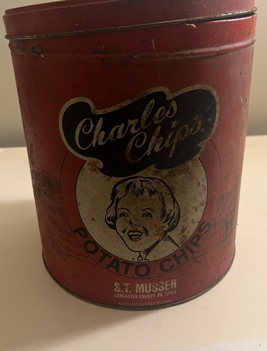 Vintage Charles Potato Chips Tin Can Red S.T. Musser Commemorative