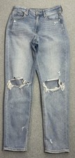 American Eagle Women's Mom Straight Jeans Size 4 Blue Distressed Leg Denim