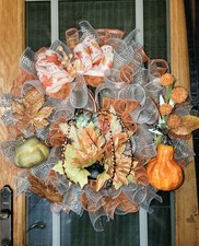 Fall Thanksgiving Deco Mesh Wreath Metal, Floral Pumpkin Gourds Leaves Handmade