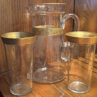 Set Of 3 VTG MCM Gold Rim Cambridge Etch #701 Pitcher & 2 Tumblers Exc. Cond  