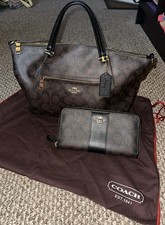 Coach Brown and Black Signature Shoulder Bag with Matching Wallet Set