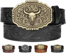 Leather Western Belts for Woman Men, Cowboy Cowgirl Country Belt with Floral En