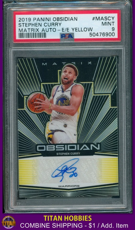 2019-20 Panini Obsidian Matrix Autographs #SCY Stephen Curry GOLD AUTO /10 PSA 9
