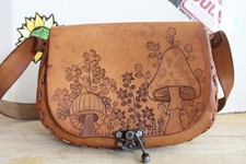 Vintage Mexican Hand-Tooled Brown Leather Mushrooms Crossbody Bag.