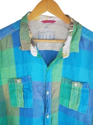 Tommy Bahama Relax Shirt Men s 2XL 100% Linen Blue Green Plaid Short Sleeve