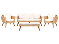 5-Sitzer Lounge Set 4-Teilig Rattan Hellbraun Auflagen Cremeweiß Vittoria Xl