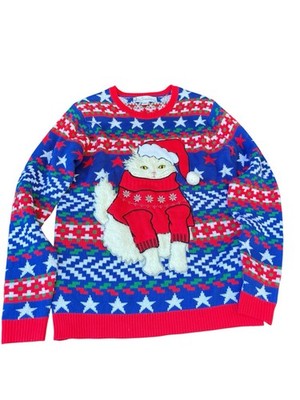 Jolly Sweaters Adult Sz M Knit Ugly Christmas Cat Stars Stripes Blue Red Unisex