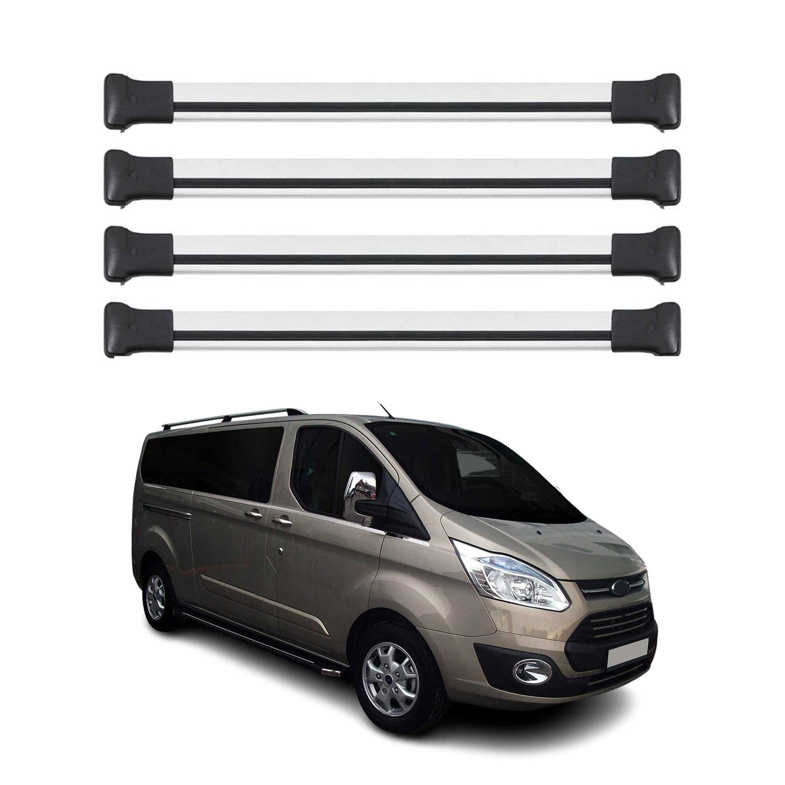 Barres de toit premium en alu argenté pour Tourneo Custom 4x