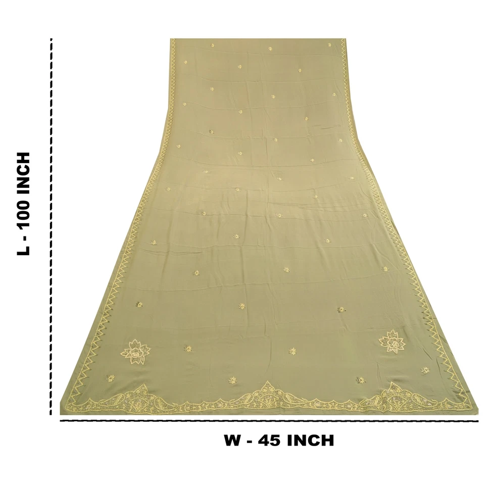 Estola Zardozi Sanskriti Vintage Verde Oliva Dupatta Pura Crepe Seda Cuentas a Mano Foto 3 de 4