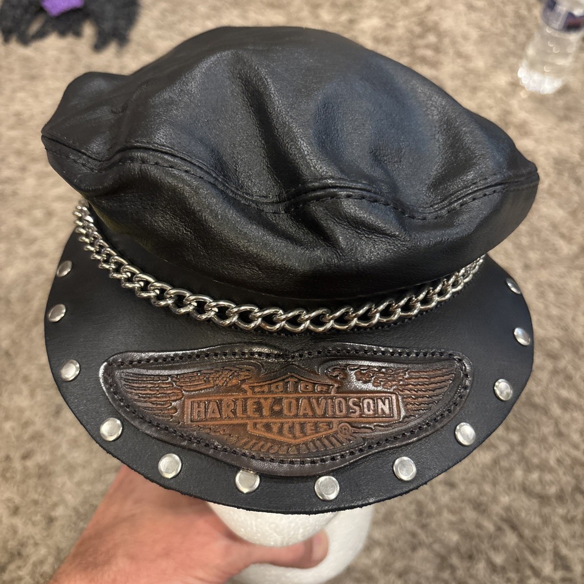 Rare Vintage 90s Leather Harley Davidson Motorcycle Chain Stud Hat