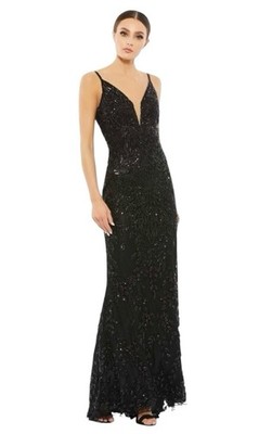 Mac Duggal 5107 Black Sequin Beaded Plunge Mermaid Gown Size 10 $498