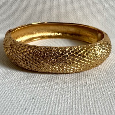 Vintage Monet Gold Tone Textured Hinged Bangle Bracelet Snake Skin Clamper