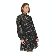 Tommy Hilfiger Women's Foil Dot Chiffon Smocked Trim Dress Black Sizes 2