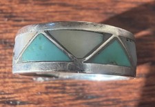 Vintage Sterling Silver Turquoise Mother Of Pearl inlay band Ring Size 7