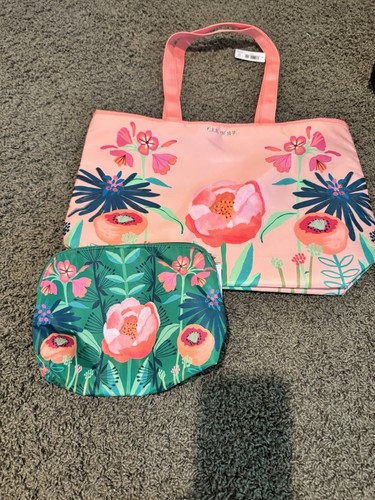 Clinique Floral Tote Bag & Cosmetic Makeup Bag 2 Piece Set Pink Green NWT