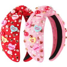 2 Pcs Valentines Day Headband for Women Love Heart Headband Pearl Rhinestone Cry