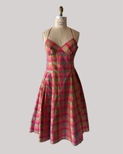 Isaac Mizrahi x Target Plaid Tea Dress Pink Orange Silk Retro Fit & Flare Sz 4