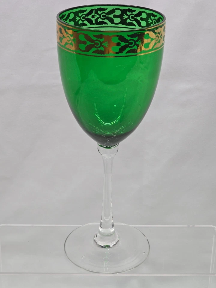 PIER 1 IMPORTS 8.75" Water Goblet EMERALD GREEN With Gold Banding - Set Of 6 - Image 3 of 4