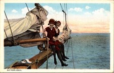 Postcard Out For A Sail - Two Young Women Dresses and Stockings on Sailing Ship