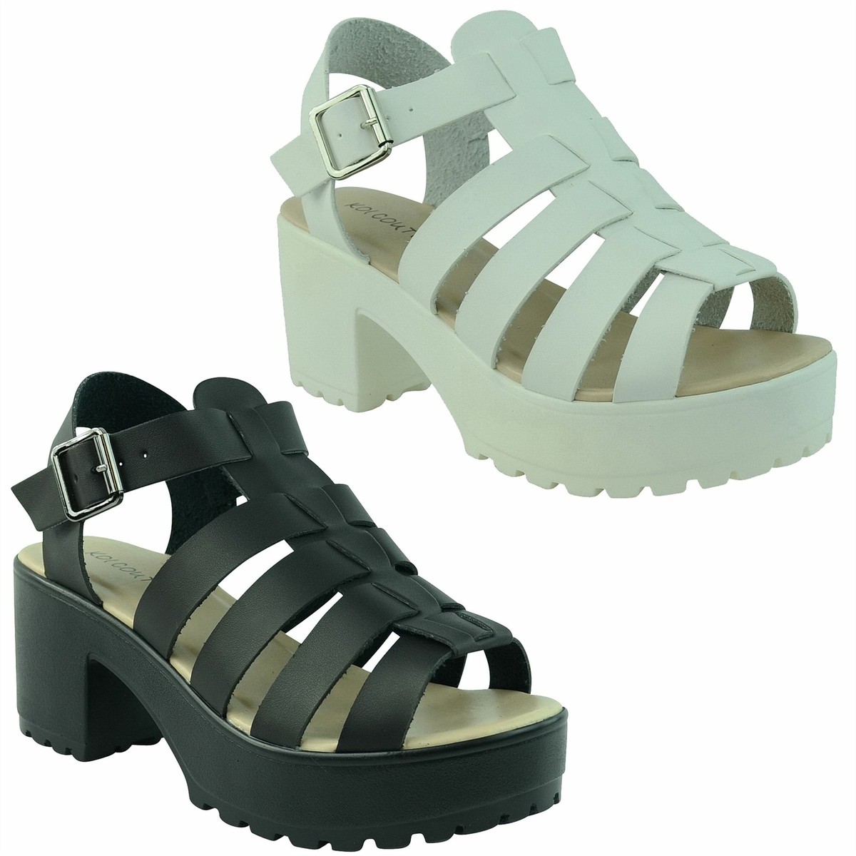 Womens Ladies Mid Low Block Heel Gladiator Strappy Platform