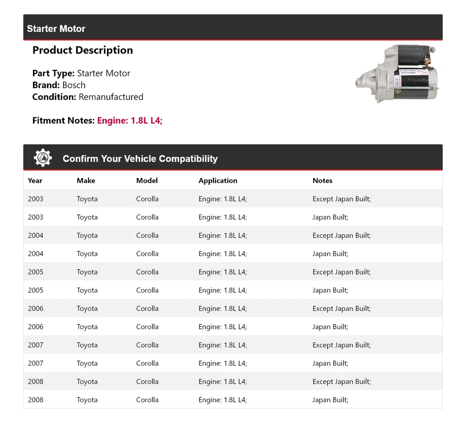 For 2003-2008 Toyota Corolla 1.8L L4 Bosch Starter (Remanufactured) 2004 2005 - Image 2 of 4